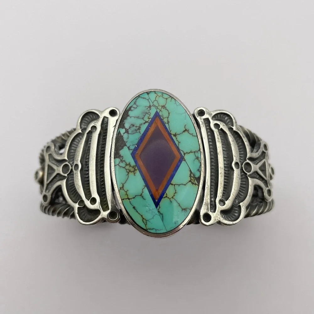 Vintage Navajo Ray Tracey & Knifewing Segura Sterling Silver Inlay Cuff Bracelet - Picture 10 of 16